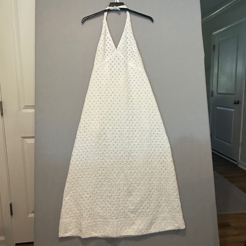 A New Day White Eyelet Maxi A-Line Dress Halter Neck Smocked Open Back Size M